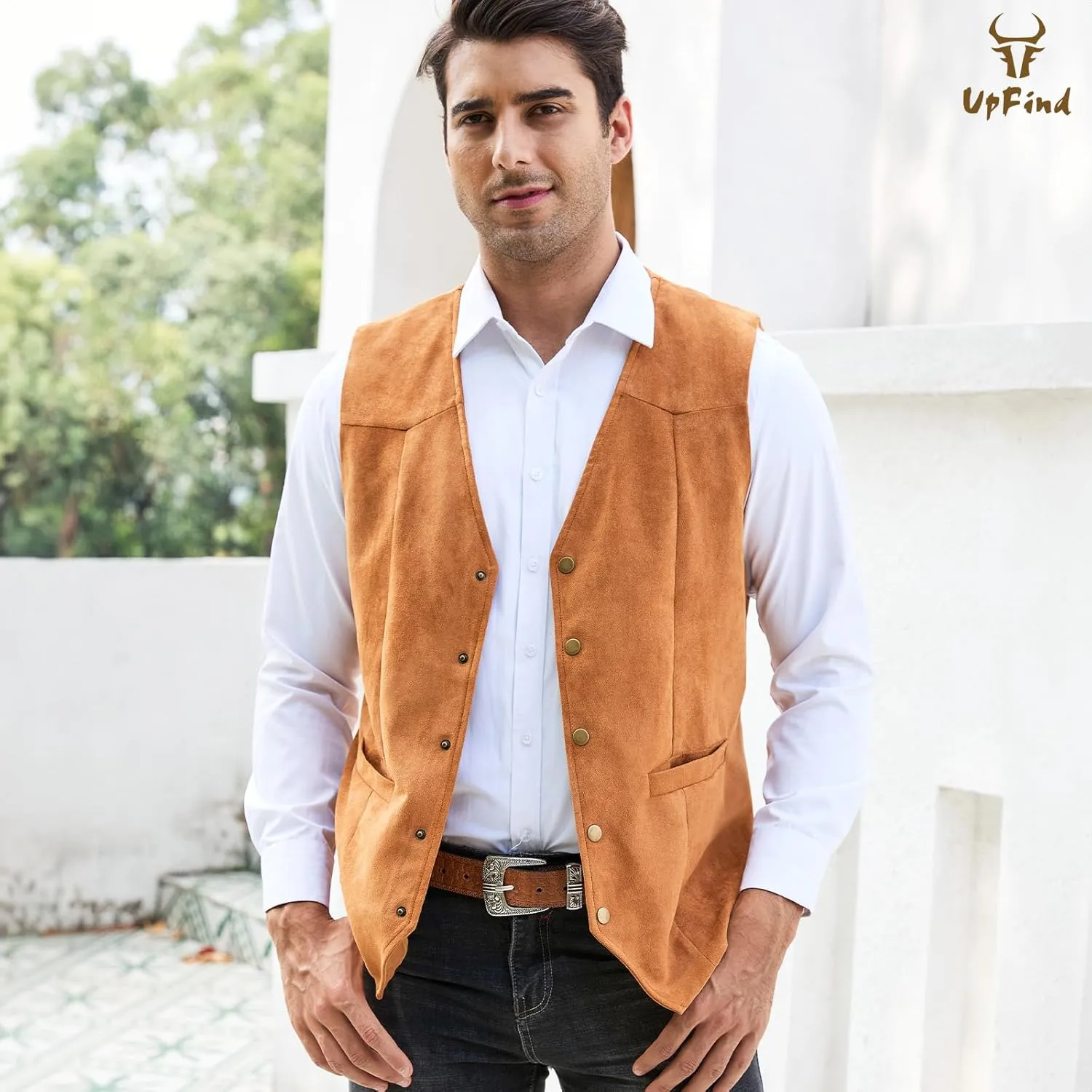 Men's Suede Leather Suit Vest V Neck Cowboy Vest Vintage 5 Snaps Western Vests Casual Waistcoat for Wedding Prom