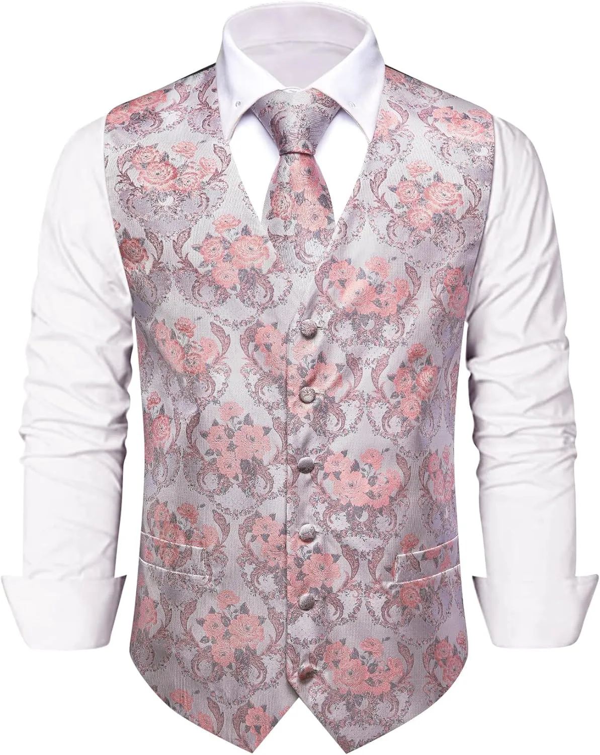 Mens Suit Vest 4PC Silk Paisley Vest with Necktie Pocket Square Cufflinks Formal Woven Waistcoat for Suit Tuxedo
