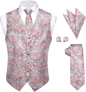 Mens Suit Vest 4PC Silk Paisley Vest with Necktie Pocket Square Cufflinks Formal Woven Waistcoat for Suit Tuxedo