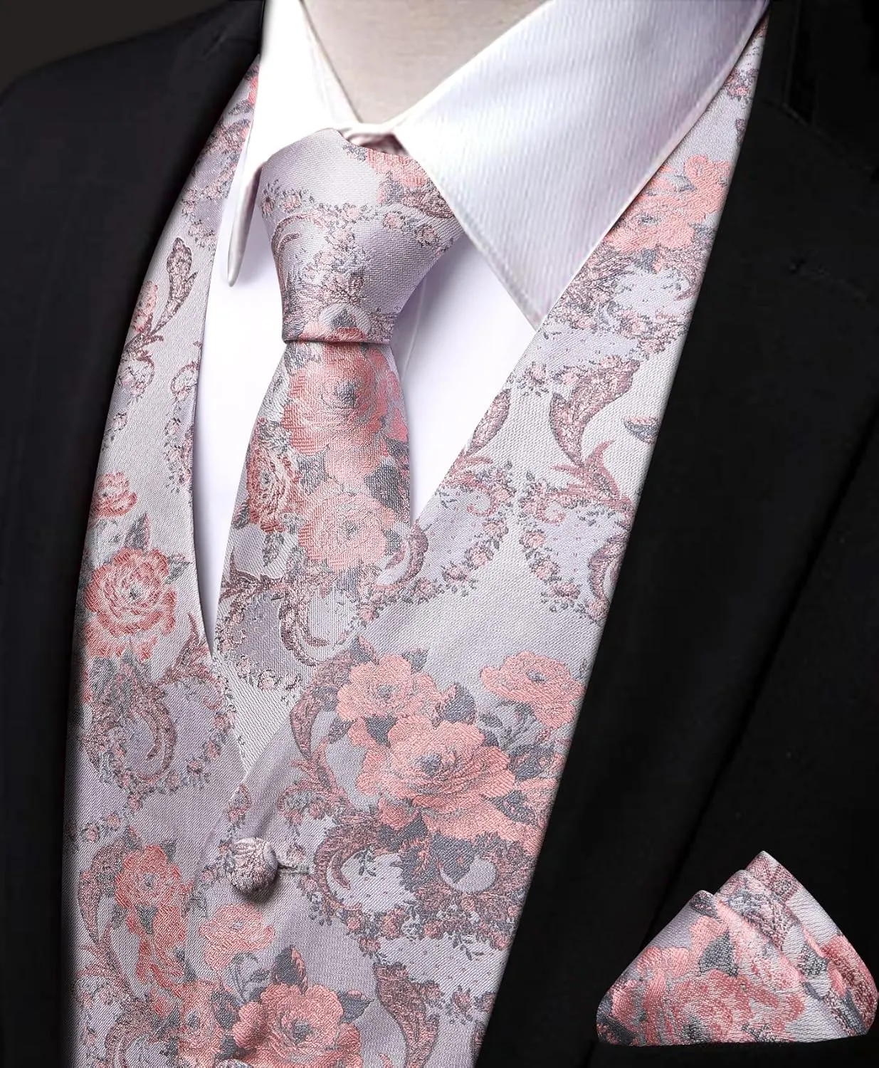 Mens Suit Vest 4PC Silk Paisley Vest with Necktie Pocket Square Cufflinks Formal Woven Waistcoat for Suit Tuxedo