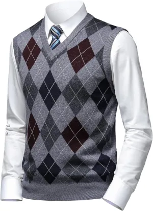 Mens Thick Argyle Sweater Vests Classic V-Neck Knitwear Sleeveless Pullover Autumn Winter Warm Tank Tops
