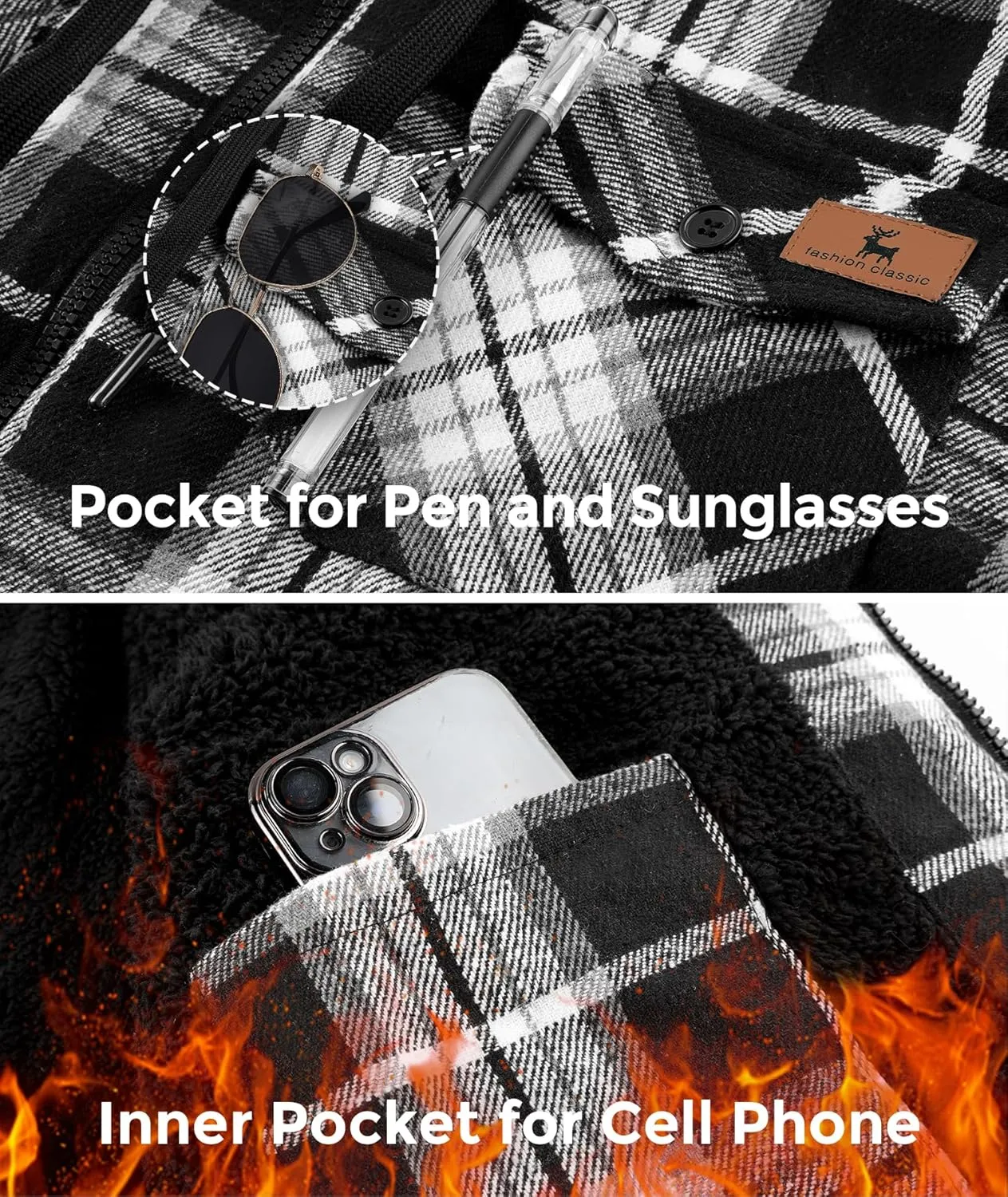 Men's Thick Fleece Plaid Jacket Flannel Shirts Sherpa Lined Full Zip Up Hoodie Winter Coat with Pockets