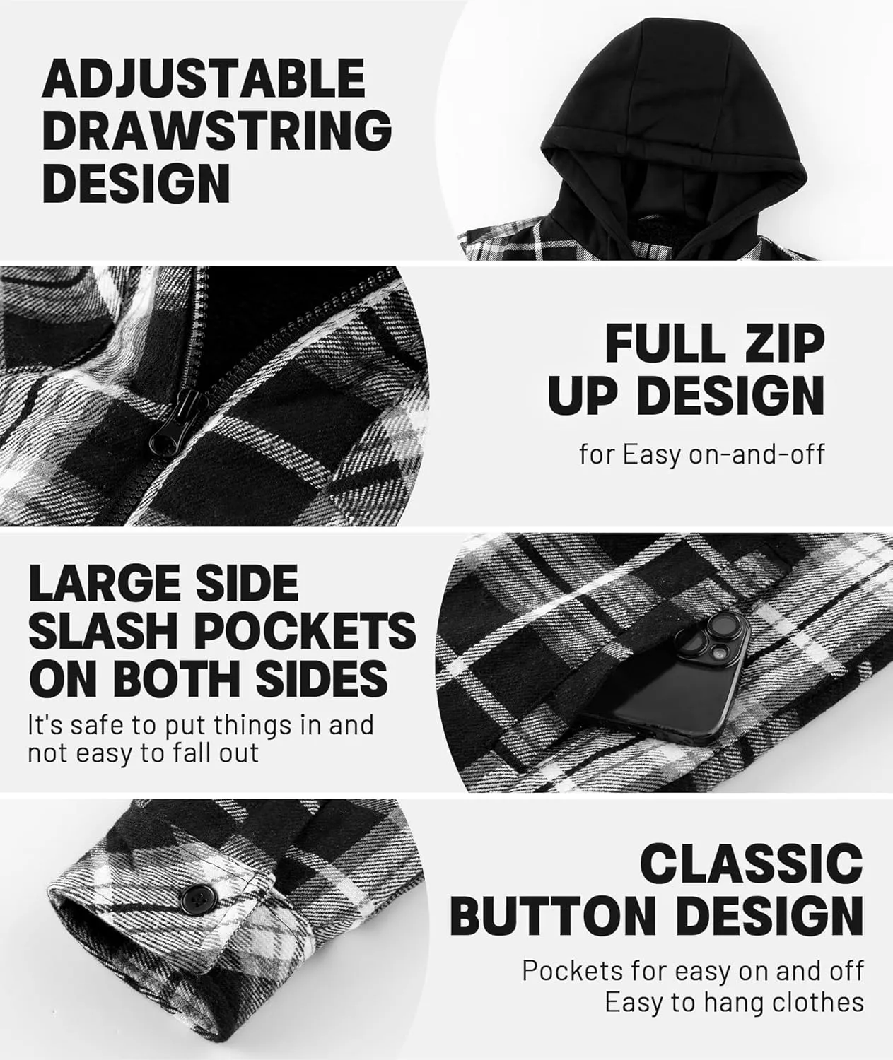 Men's Thick Fleece Plaid Jacket Flannel Shirts Sherpa Lined Full Zip Up Hoodie Winter Coat with Pockets