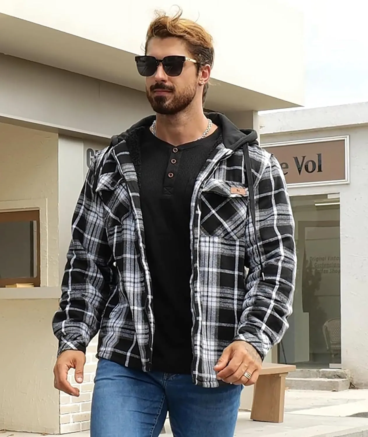 Men's Thick Fleece Plaid Jacket Flannel Shirts Sherpa Lined Full Zip Up Hoodie Winter Coat with Pockets