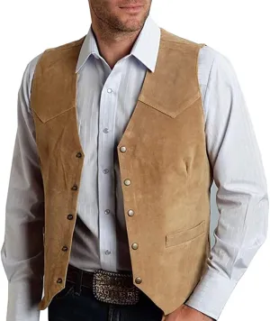 Mens V Neck Suit Vest Retro 5 Button Suede Leather Regular Fit Casual Waistcoat for Prom,Husband Gift,Daily Wear