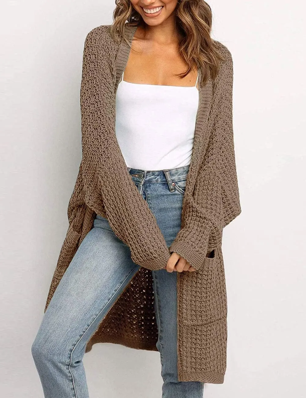 MEROKEETY Women's Oversized Long Batwing Sleeve Cardigan Waffle Knit Sweater Coat