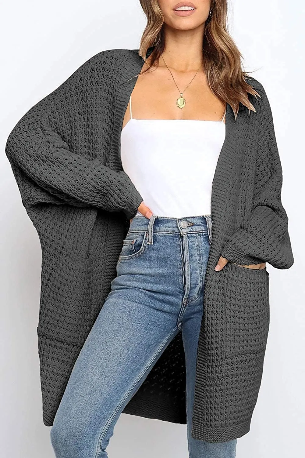 MEROKEETY Women's Oversized Long Batwing Sleeve Cardigan Waffle Knit Sweater Coat