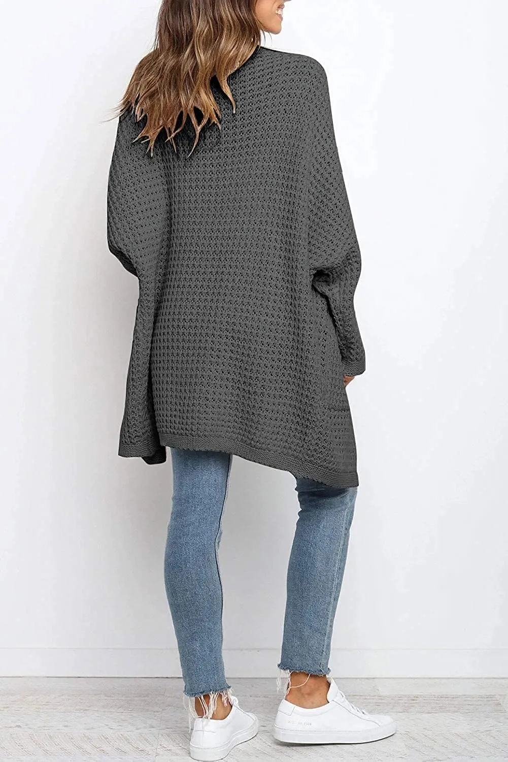 MEROKEETY Women's Oversized Long Batwing Sleeve Cardigan Waffle Knit Sweater Coat