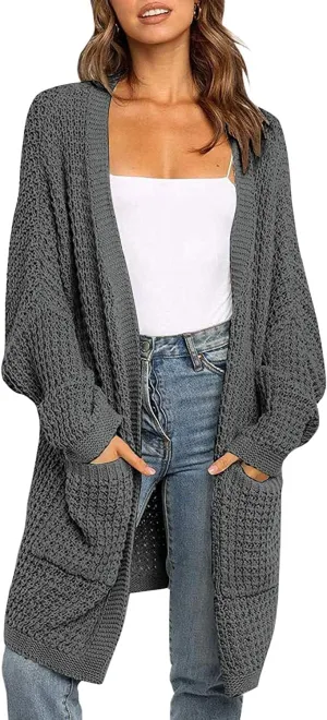 MEROKEETY Women's Oversized Long Batwing Sleeve Cardigan Waffle Knit Sweater Coat