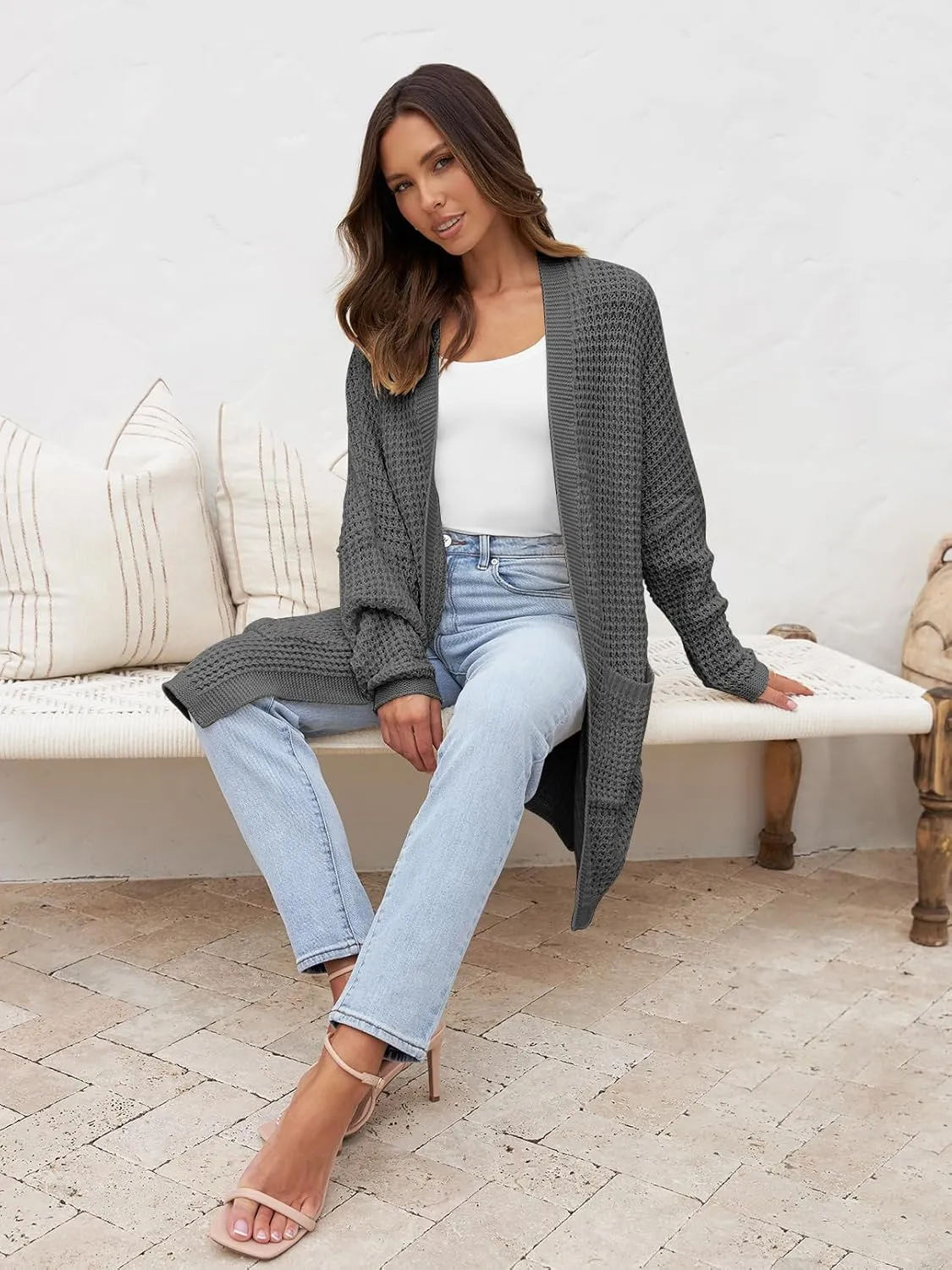 MEROKEETY Women's Oversized Long Batwing Sleeve Cardigan Waffle Knit Sweater Coat
