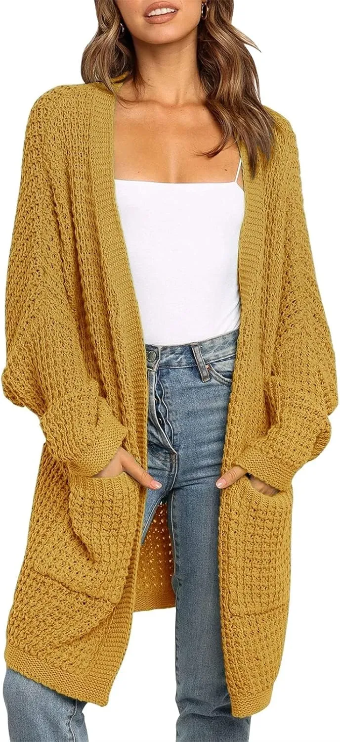 MEROKEETY Women's Oversized Long Batwing Sleeve Cardigan Waffle Knit Sweater Coat