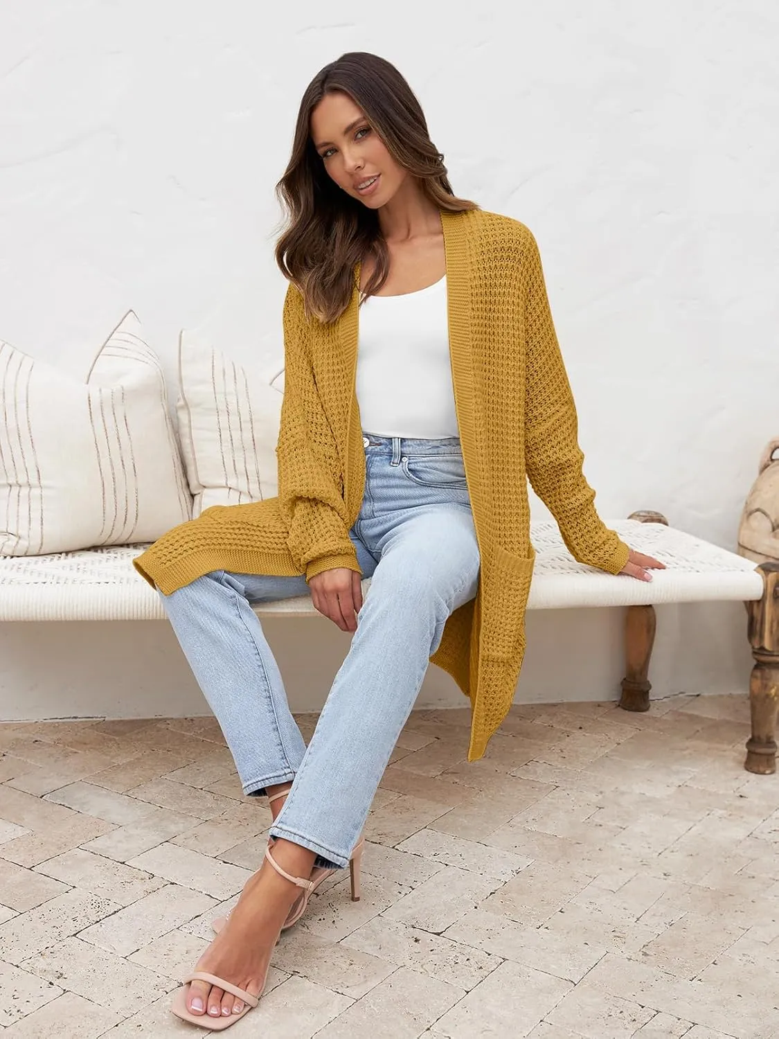MEROKEETY Women's Oversized Long Batwing Sleeve Cardigan Waffle Knit Sweater Coat