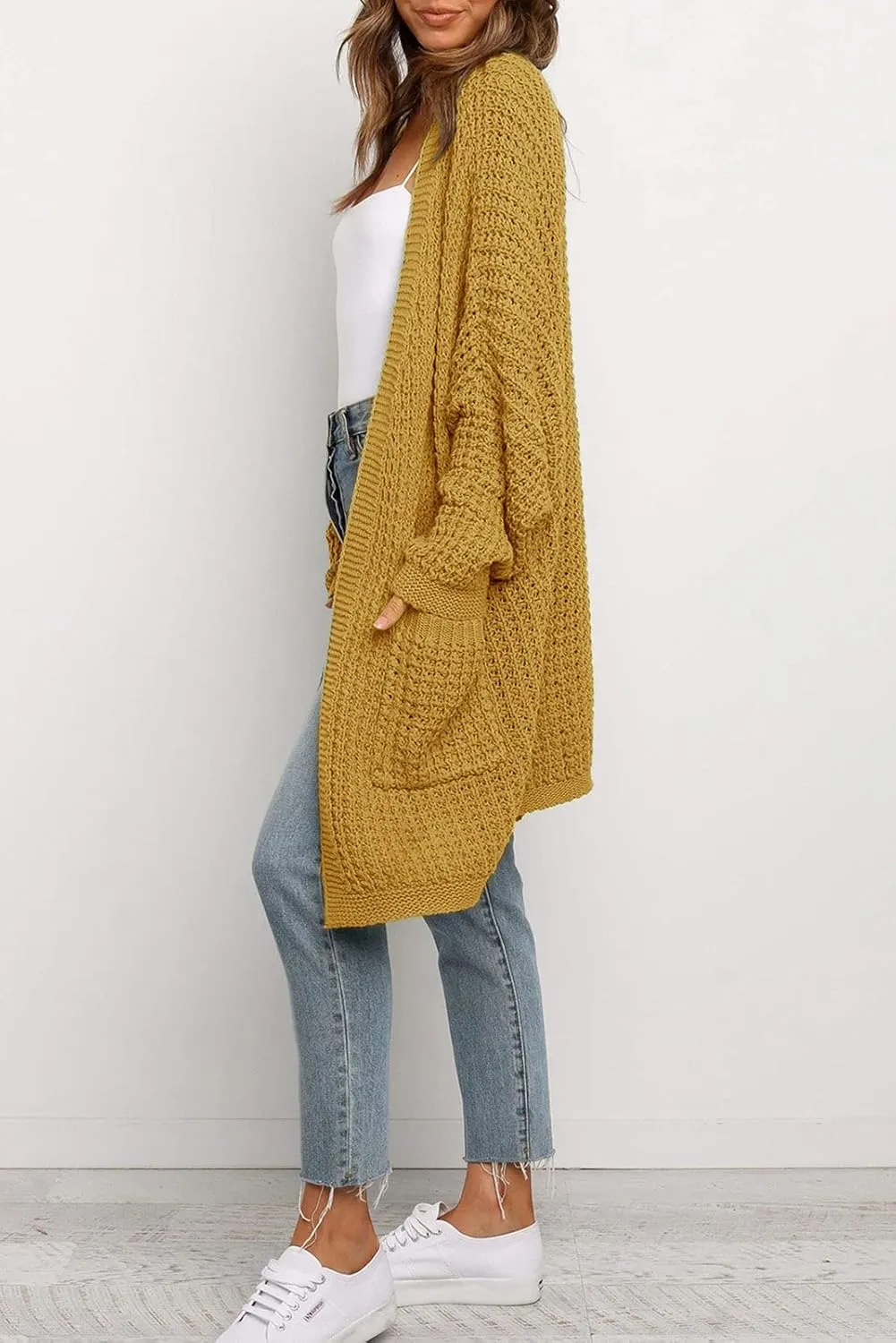 MEROKEETY Women's Oversized Long Batwing Sleeve Cardigan Waffle Knit Sweater Coat
