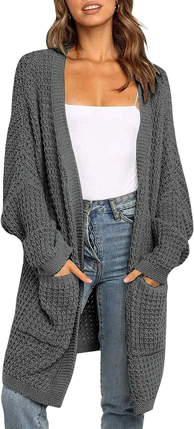 MEROKEETY Women's Oversized Long Batwing Sleeve Cardigan Waffle Knit Sweater Coat