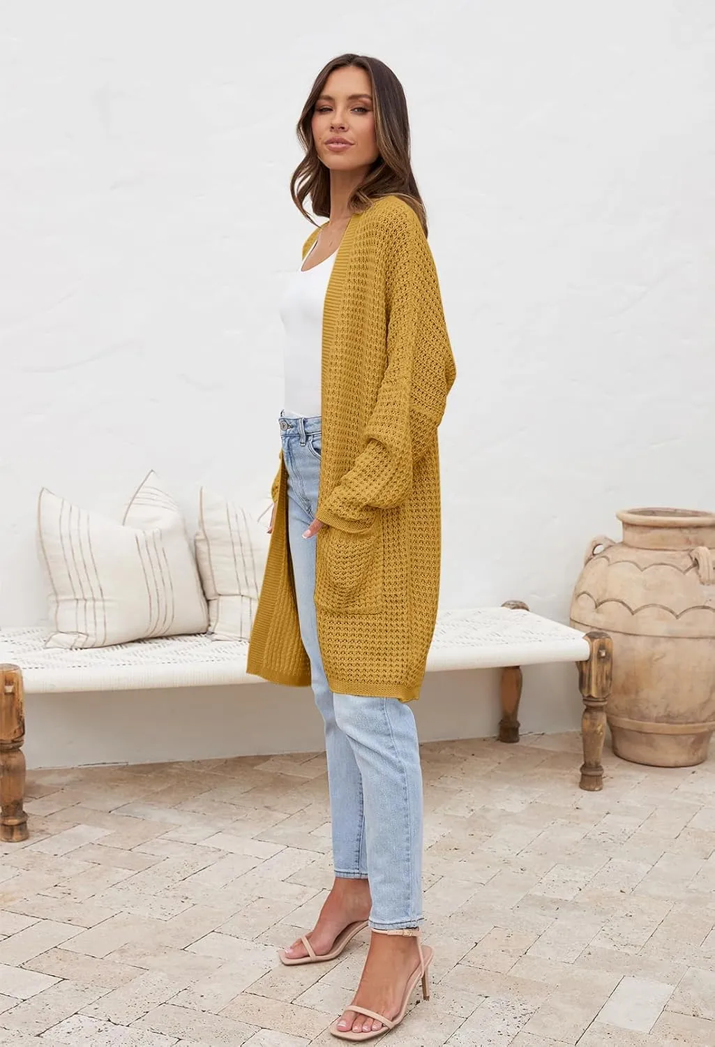 MEROKEETY Women's Oversized Long Batwing Sleeve Cardigan Waffle Knit Sweater Coat