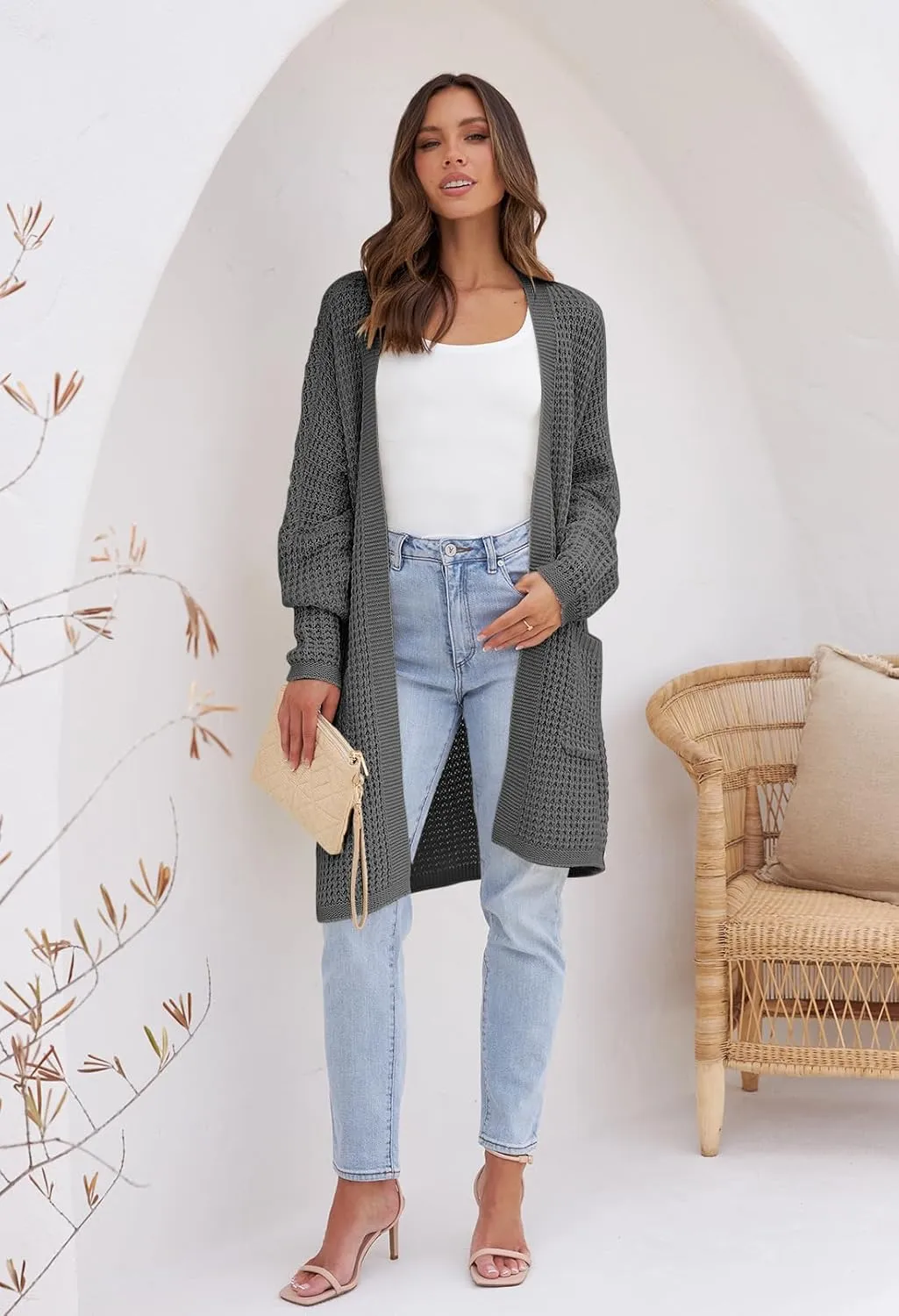 MEROKEETY Women's Oversized Long Batwing Sleeve Cardigan Waffle Knit Sweater Coat