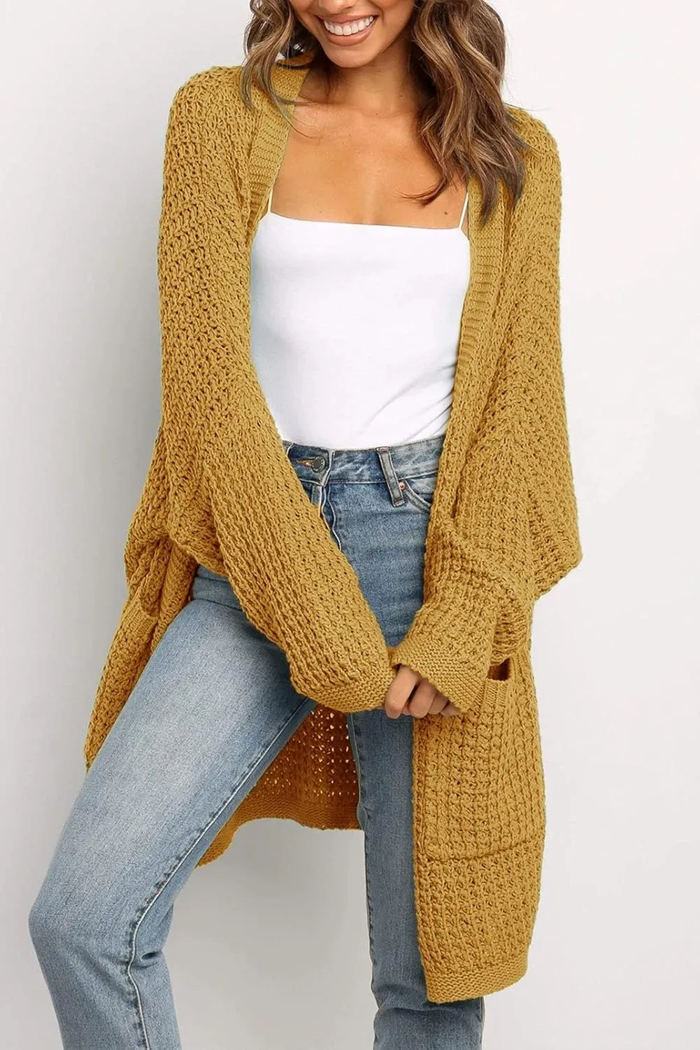 MEROKEETY Women's Oversized Long Batwing Sleeve Cardigan Waffle Knit Sweater Coat