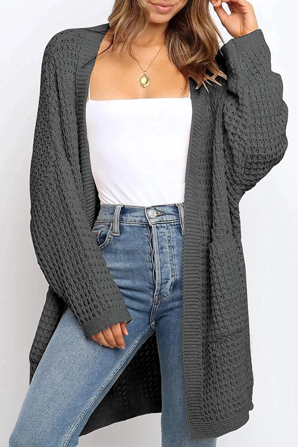 MEROKEETY Women's Oversized Long Batwing Sleeve Cardigan Waffle Knit Sweater Coat