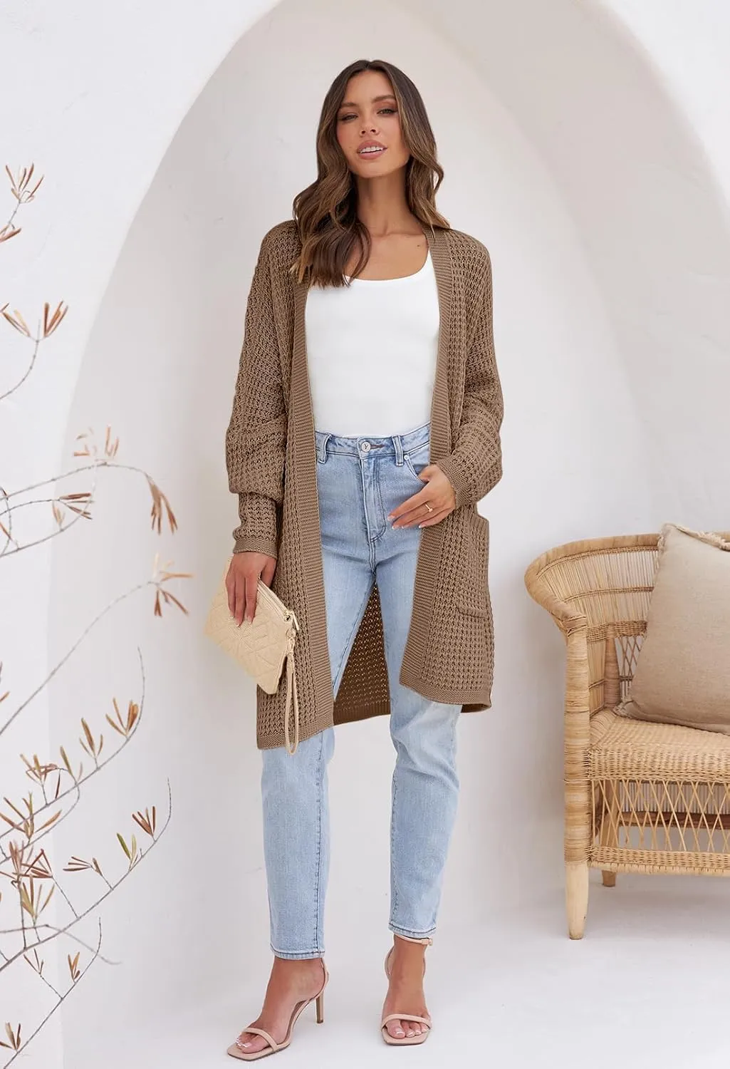 MEROKEETY Women's Oversized Long Batwing Sleeve Cardigan Waffle Knit Sweater Coat