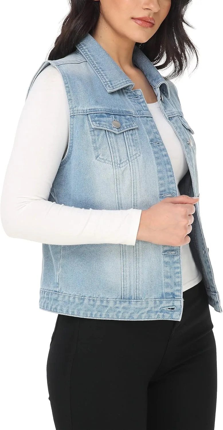 MISS MOLY Women's Denim Vest Cropped Classic Sleeveless Jean Vest Jackets With Flap Pockets