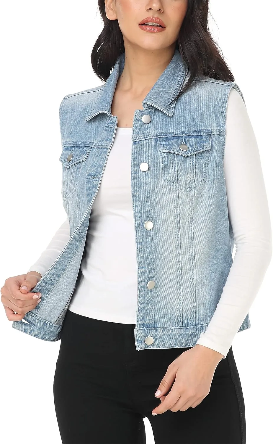 MISS MOLY Women's Denim Vest Cropped Classic Sleeveless Jean Vest Jackets With Flap Pockets