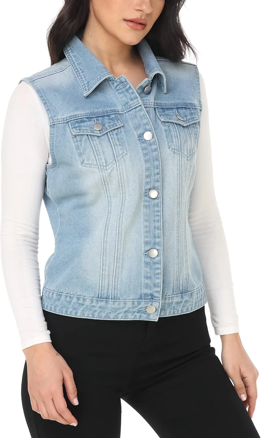 MISS MOLY Women's Denim Vest Cropped Classic Sleeveless Jean Vest Jackets With Flap Pockets