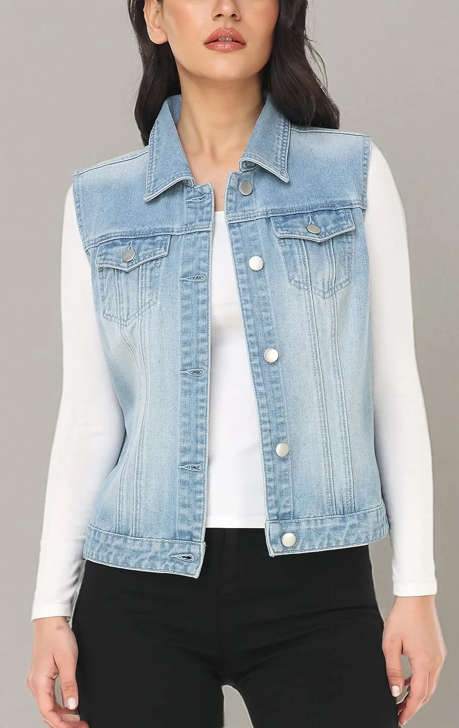 MISS MOLY Women's Denim Vest Cropped Classic Sleeveless Jean Vest Jackets With Flap Pockets