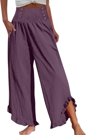 Miyaomn Women's Summer Linen Palazzo Pants Smocked Waist Ruffle Cuffs Wide Leg Pants Loose Flowy Beach Vacation Boho Trousers