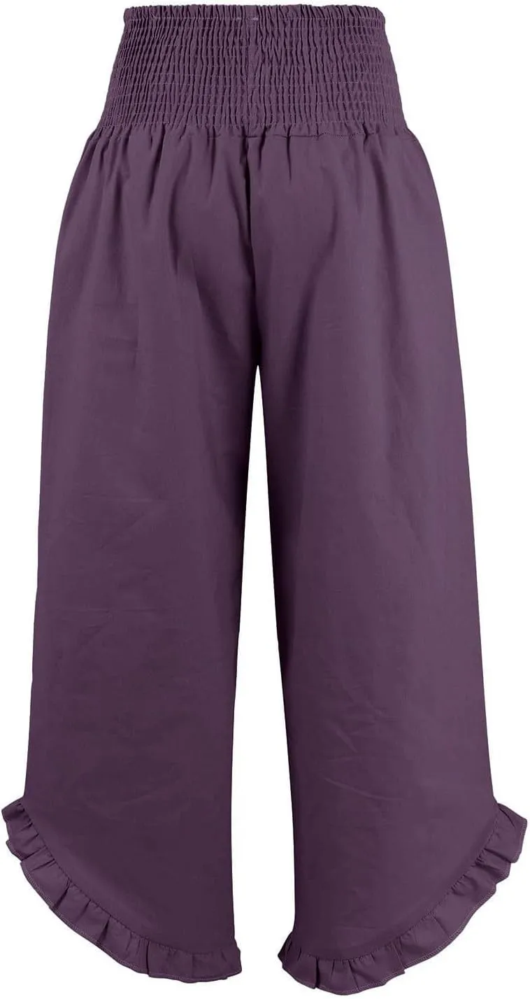 Miyaomn Women's Summer Linen Palazzo Pants Smocked Waist Ruffle Cuffs Wide Leg Pants Loose Flowy Beach Vacation Boho Trousers