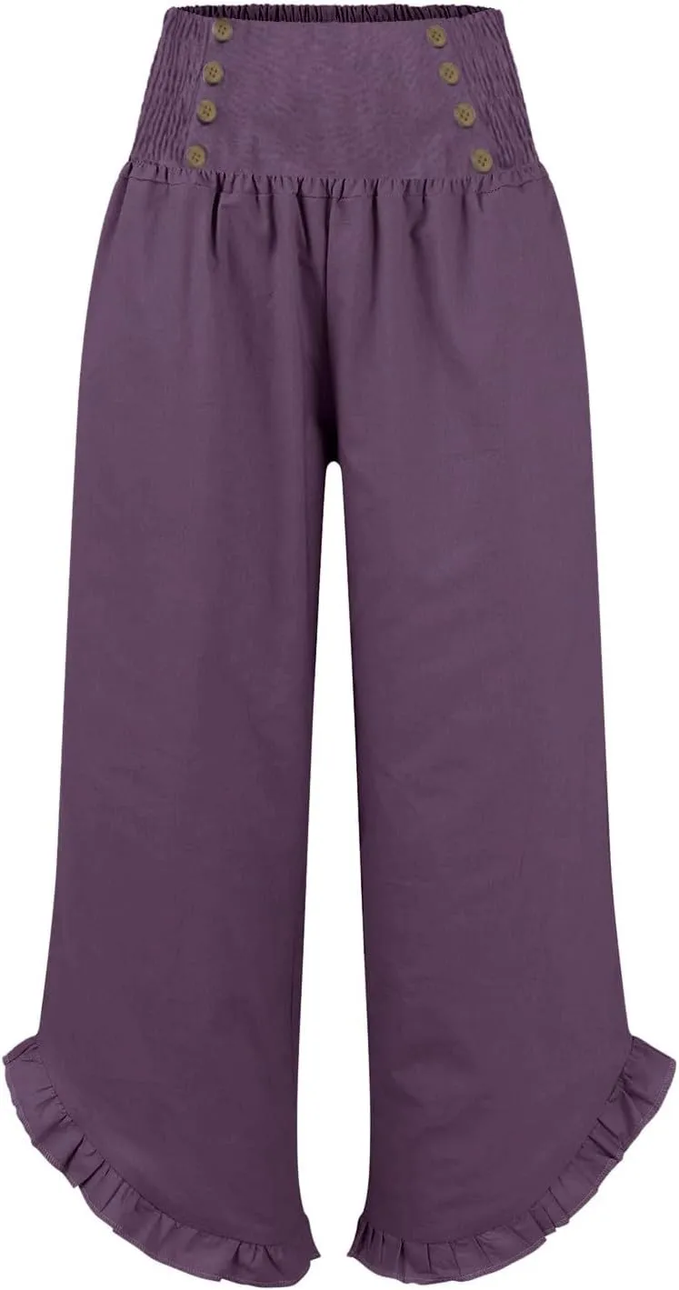 Miyaomn Women's Summer Linen Palazzo Pants Smocked Waist Ruffle Cuffs Wide Leg Pants Loose Flowy Beach Vacation Boho Trousers