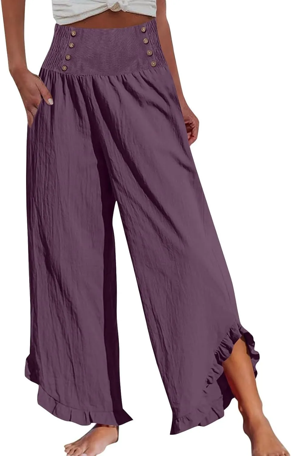 Miyaomn Women's Summer Linen Palazzo Pants Smocked Waist Ruffle Cuffs Wide Leg Pants Loose Flowy Beach Vacation Boho Trousers