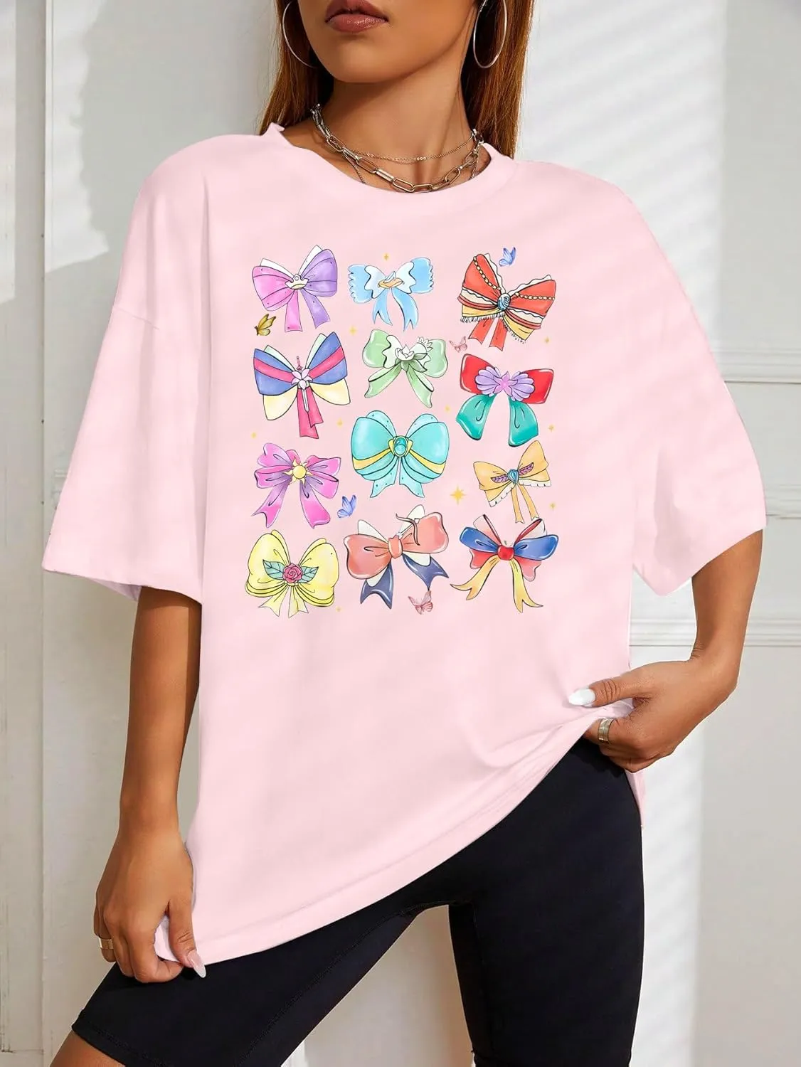 MNLYBABY Magical Princess Bow Shirt Women Oversized Magic Kingdom Princess Shirt Cute Ribbons and Bows Family Holiday Tee Top