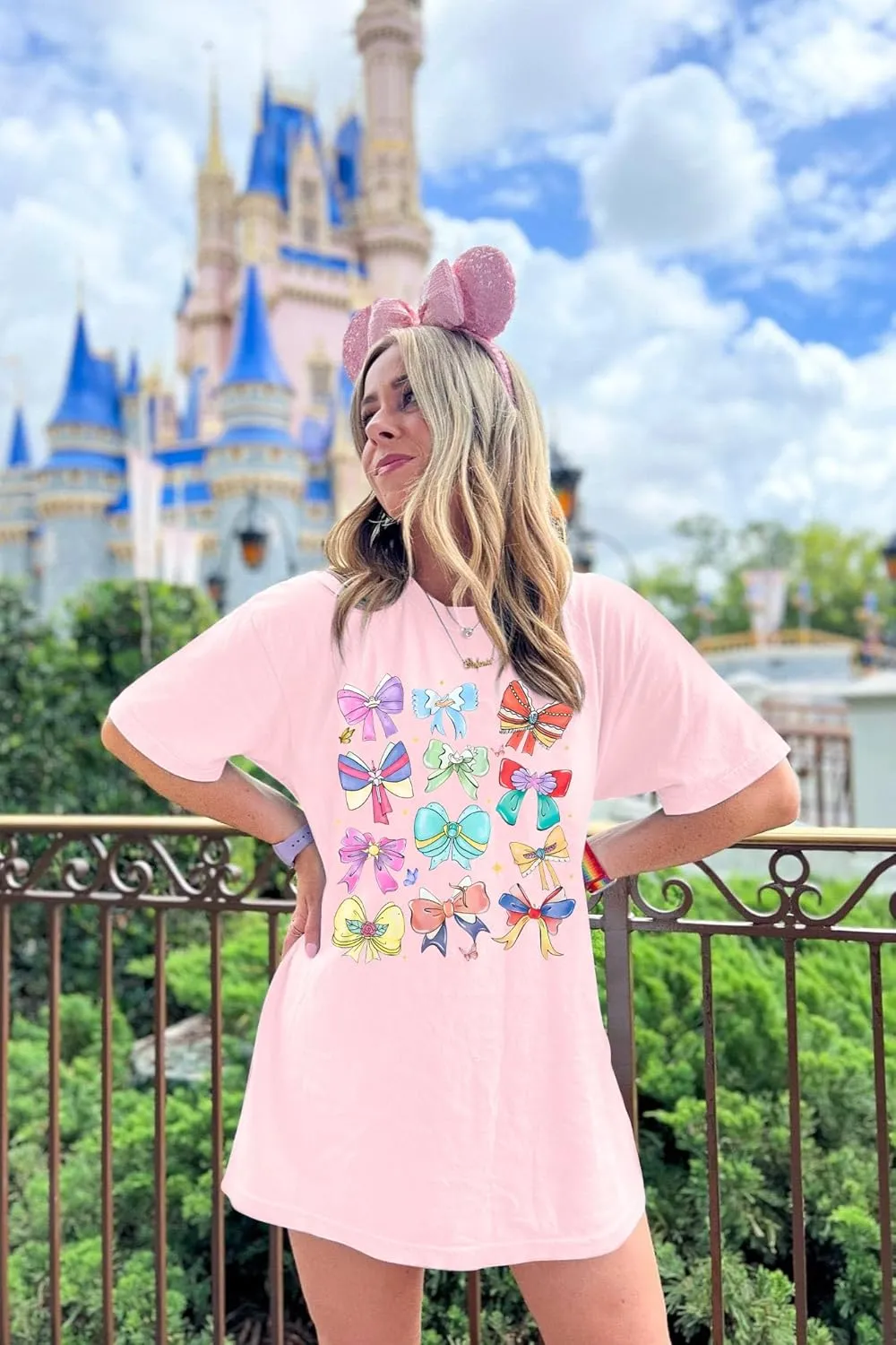MNLYBABY Magical Princess Bow Shirt Women Oversized Magic Kingdom Princess Shirt Cute Ribbons and Bows Family Holiday Tee Top