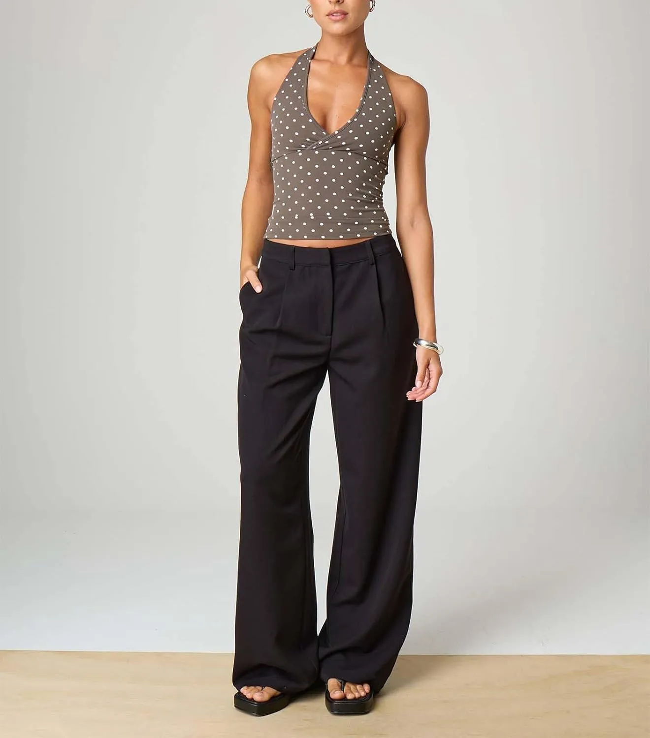 Muineobuka Women Y2K Striped Halter Top Tie Back Sleeveless Slim Fit Backless Tank Top Folding Crop Camisole Streetwear