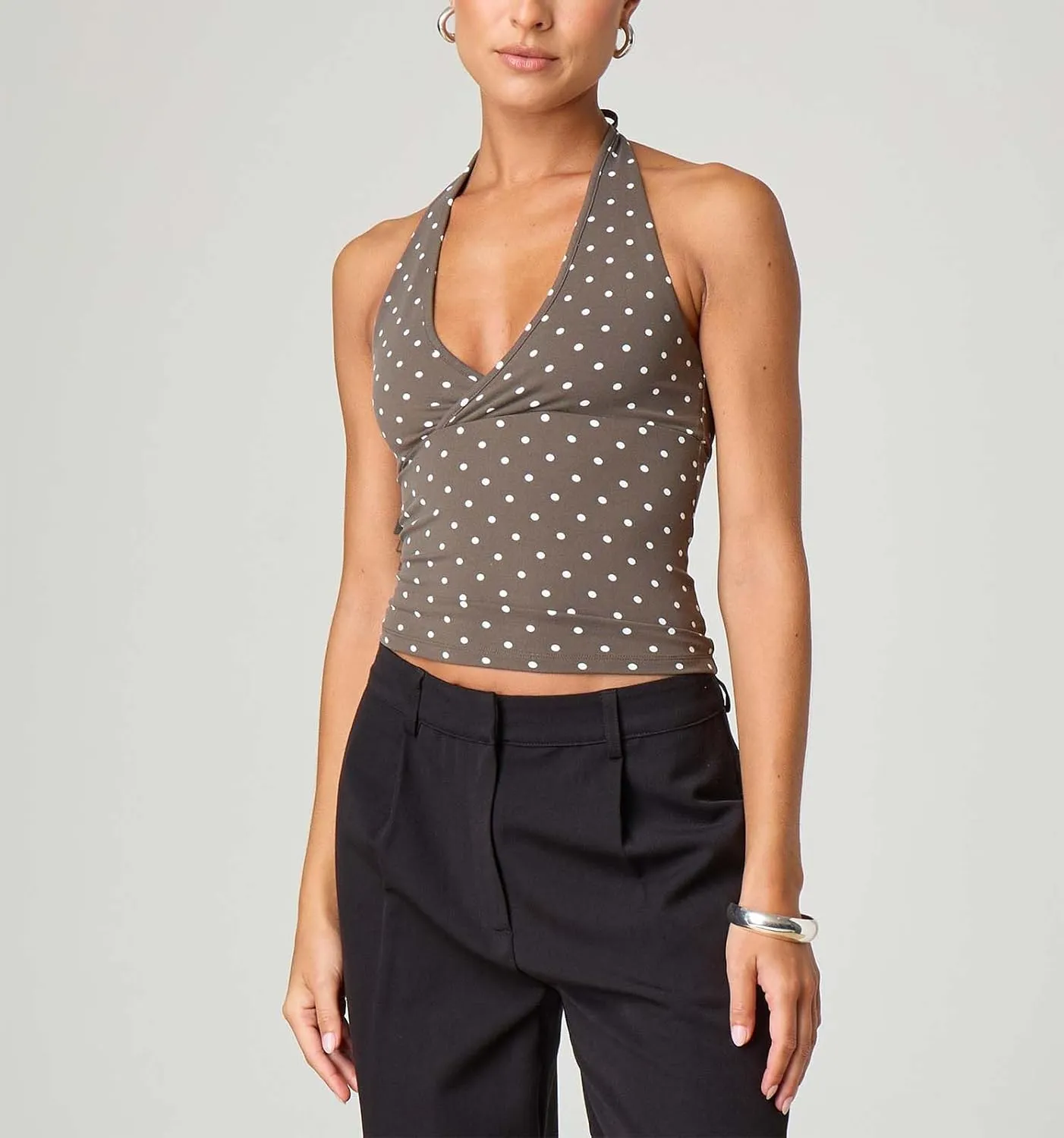 Muineobuka Women Y2K Striped Halter Top Tie Back Sleeveless Slim Fit Backless Tank Top Folding Crop Camisole Streetwear