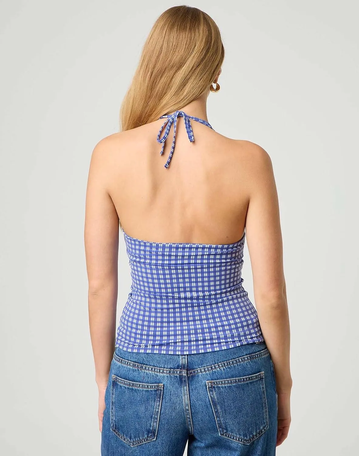 Muineobuka Women Y2K Striped Halter Top Tie Back Sleeveless Slim Fit Backless Tank Top Folding Crop Camisole Streetwear