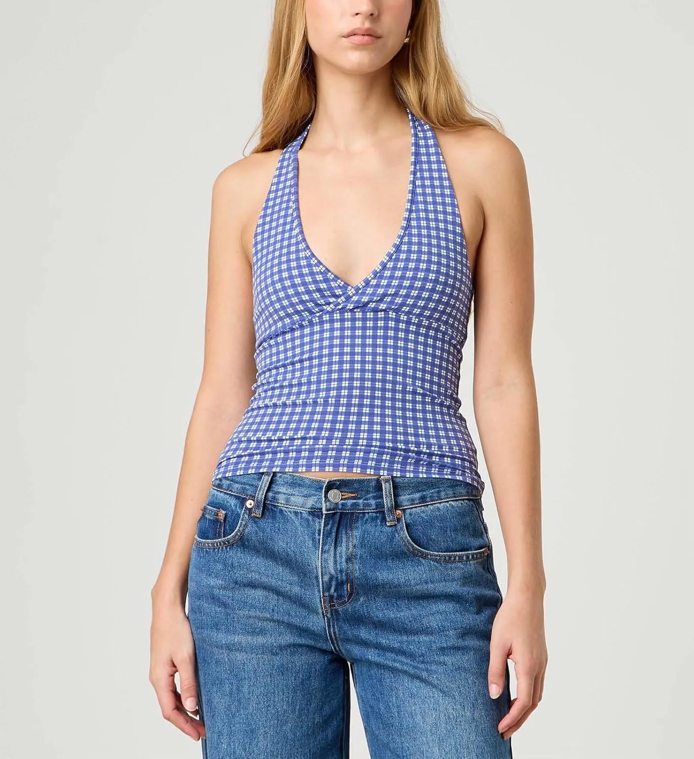 Muineobuka Women Y2K Striped Halter Top Tie Back Sleeveless Slim Fit Backless Tank Top Folding Crop Camisole Streetwear