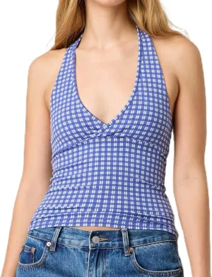 Muineobuka Women Y2K Striped Halter Top Tie Back Sleeveless Slim Fit Backless Tank Top Folding Crop Camisole Streetwear