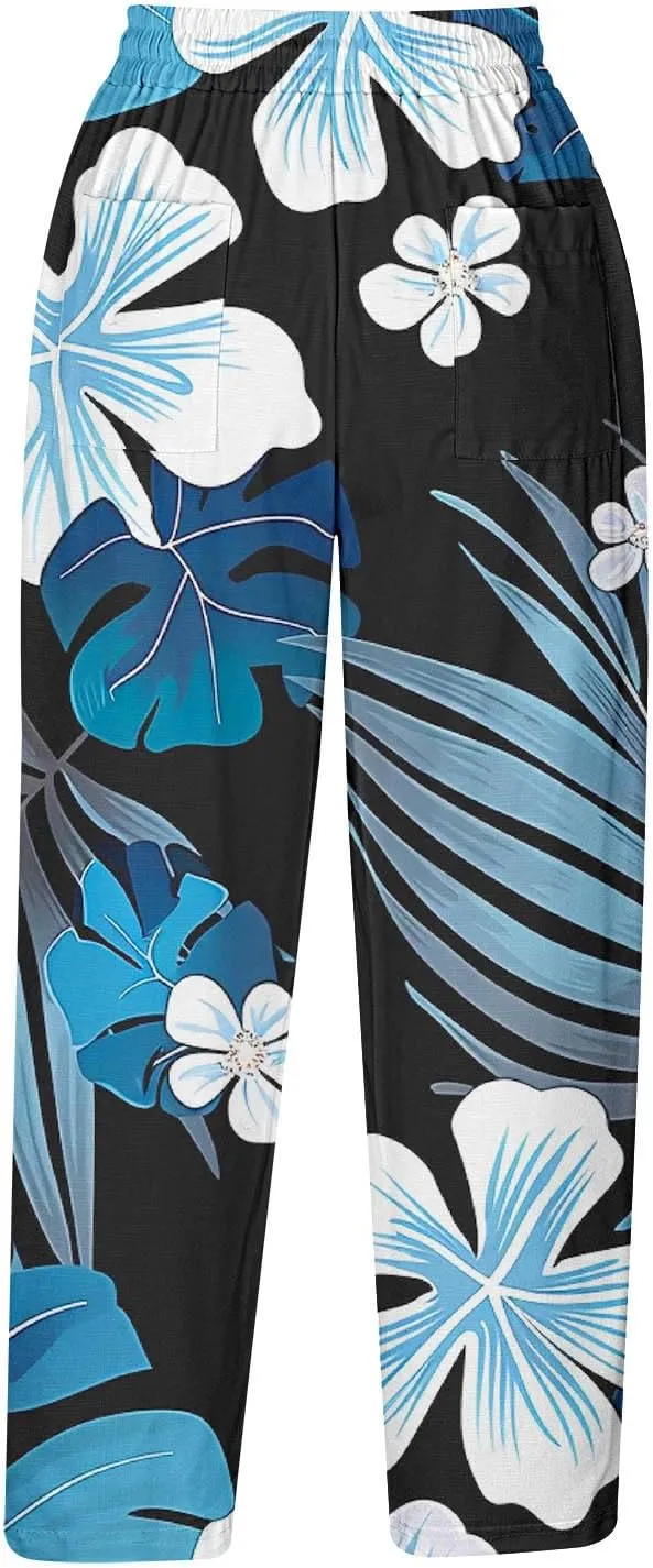 Mzkdieey Womens Capri Pants Summer Floral Print Wide Leg Harem Pants Drawstring High Waisted Cropped Trousers with Pockets