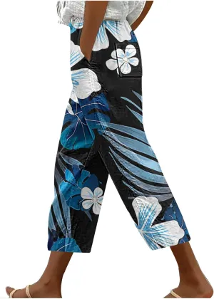 Mzkdieey Womens Capri Pants Summer Floral Print Wide Leg Harem Pants Drawstring High Waisted Cropped Trousers with Pockets