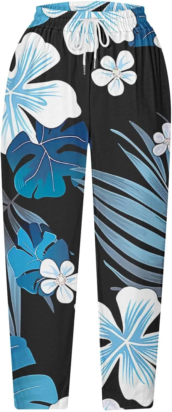 Mzkdieey Womens Capri Pants Summer Floral Print Wide Leg Harem Pants Drawstring High Waisted Cropped Trousers with Pockets