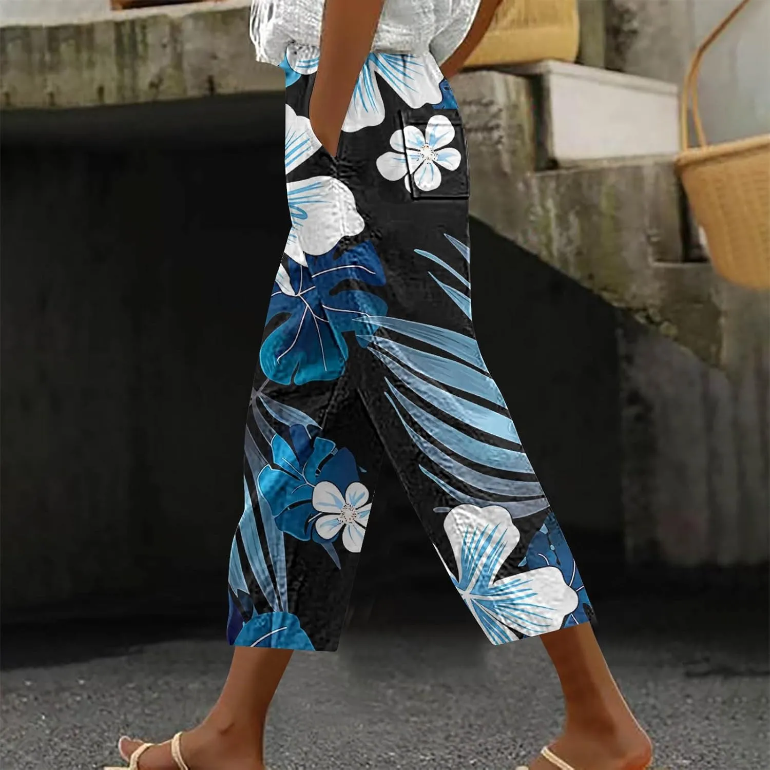 Mzkdieey Womens Capri Pants Summer Floral Print Wide Leg Harem Pants Drawstring High Waisted Cropped Trousers with Pockets