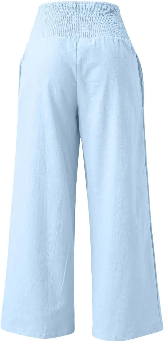NBXNZWF Women Cotton Linen Pants Tummy Control Smocked High Waisted Wide Leg Casual Trousers Summer Lounge Pants with Pocket
