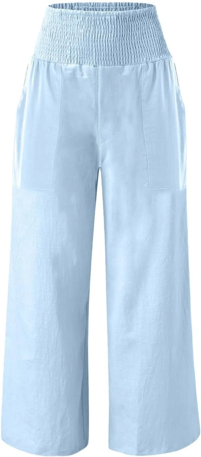NBXNZWF Women Cotton Linen Pants Tummy Control Smocked High Waisted Wide Leg Casual Trousers Summer Lounge Pants with Pocket