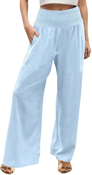 NBXNZWF Women Cotton Linen Pants Tummy Control Smocked High Waisted Wide Leg Casual Trousers Summer Lounge Pants with Pocket