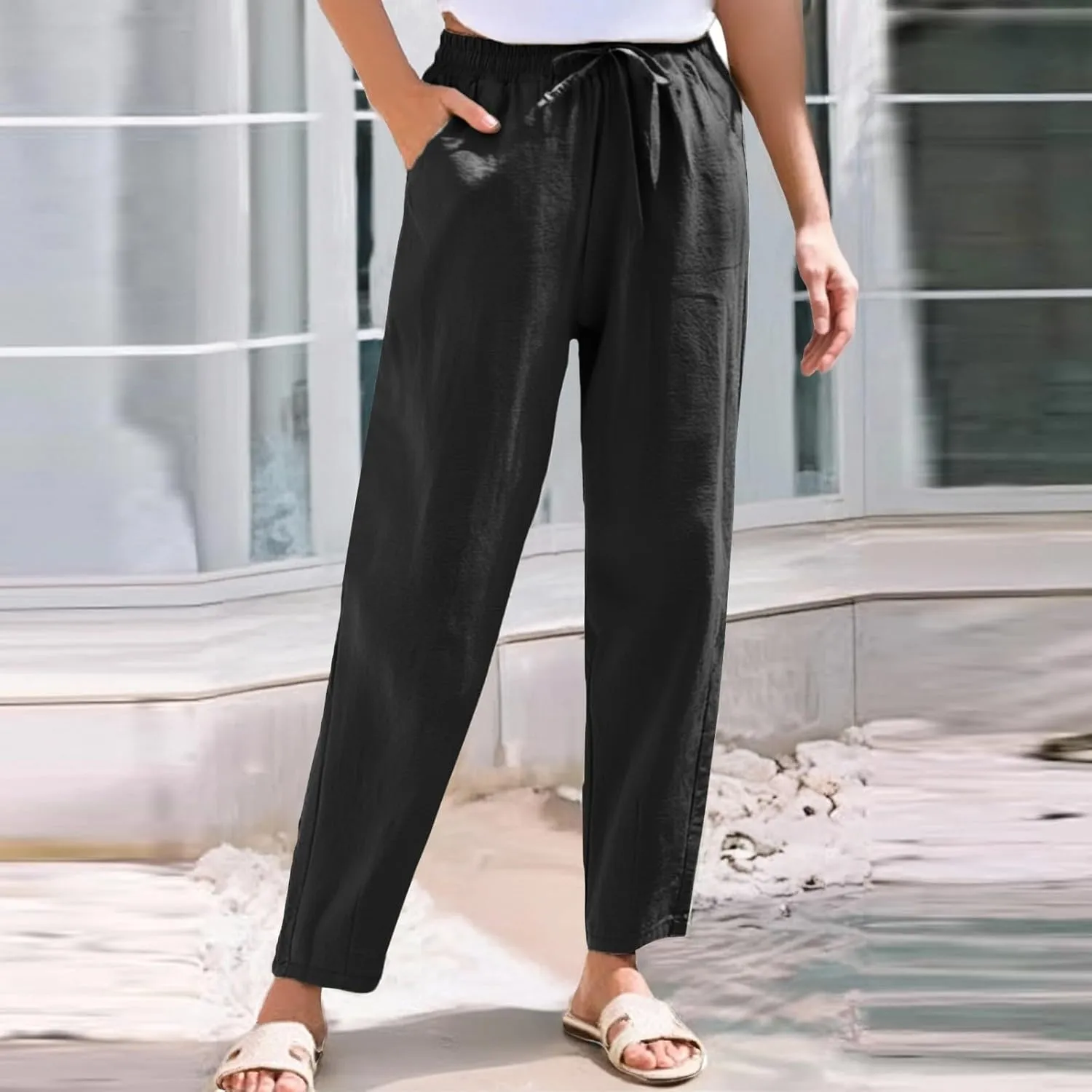 NBXNZWF Women's Cotton Linen Straight Leg Pants Elastic Drawstring Casual Trousers Summer Beach Lounge Pants with Pockets