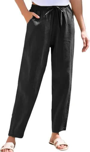 NBXNZWF Women's Cotton Linen Straight Leg Pants Elastic Drawstring Casual Trousers Summer Beach Lounge Pants with Pockets