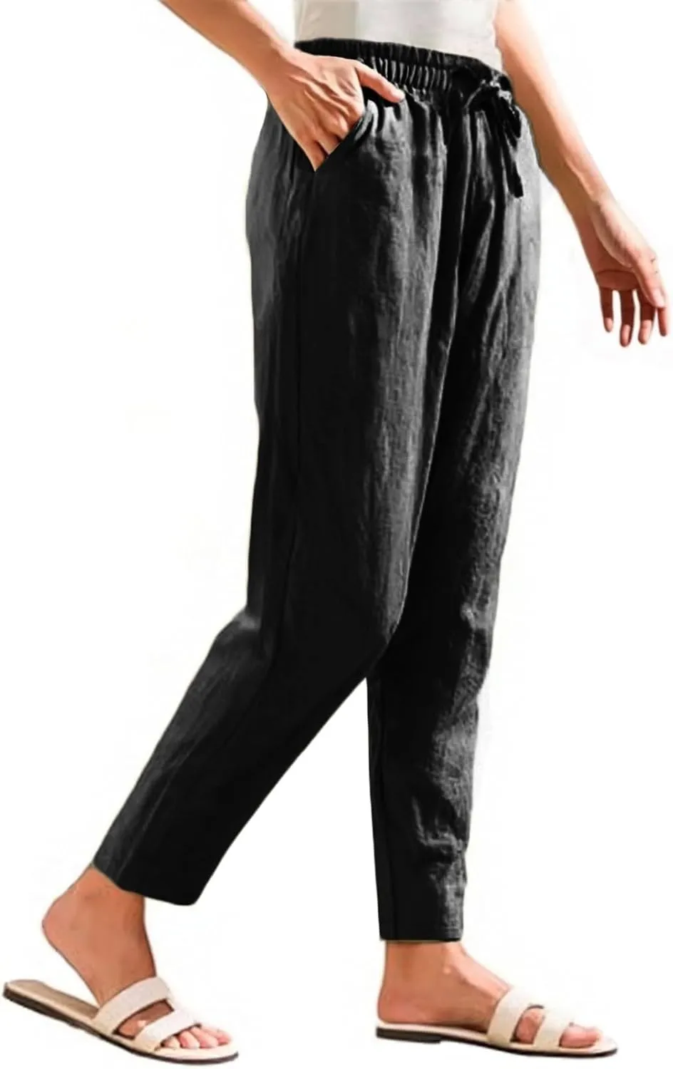 NBXNZWF Women's Cotton Linen Straight Leg Pants Elastic Drawstring Casual Trousers Summer Beach Lounge Pants with Pockets