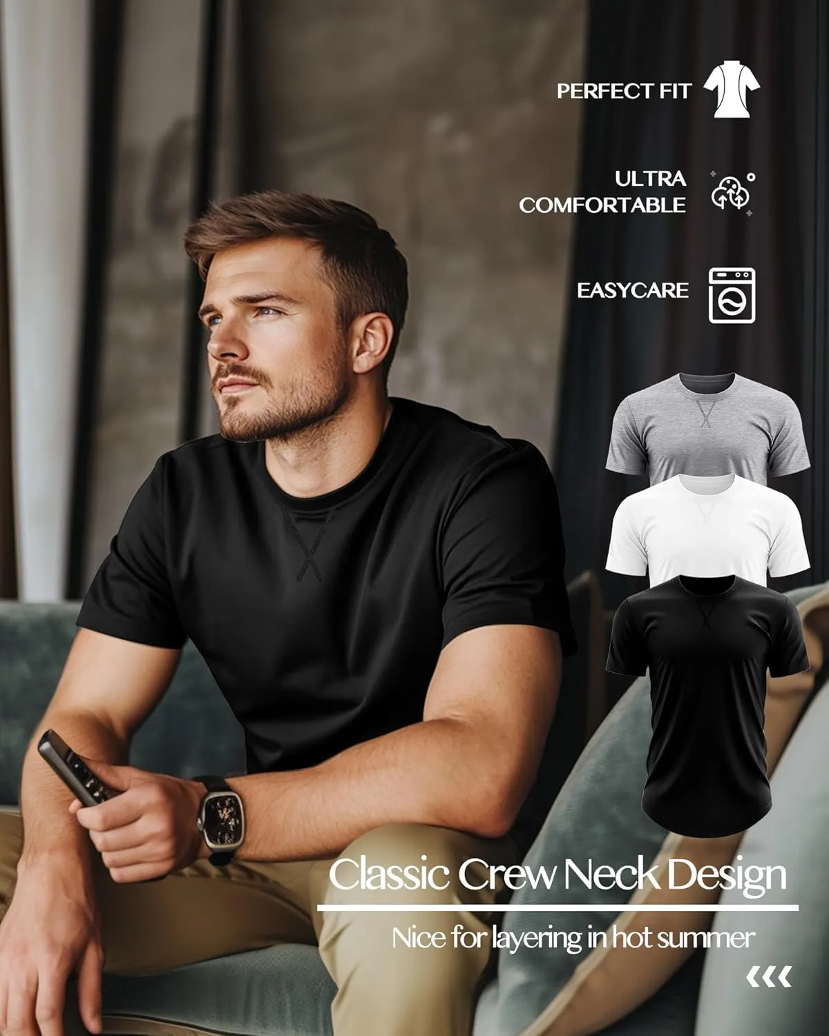 Neer 3 Pack Men's Big and Tall T-Shirts Cotton Short Sleeve Crewneck Plus Size Tee Shirts Hipster Longline Tops