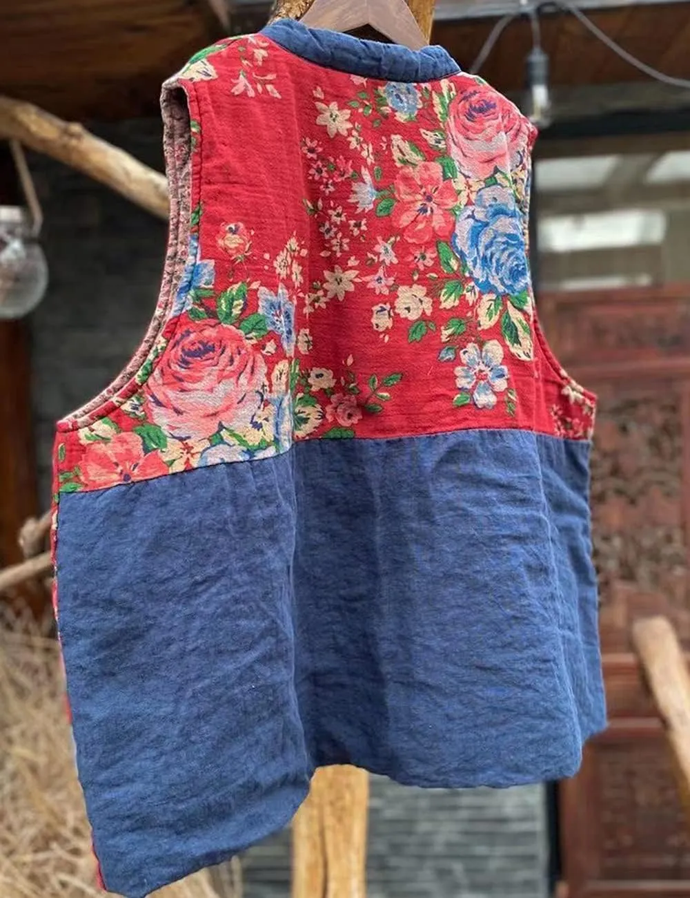 NFYM Women's Waistcoat Vest Gilet Vintage Floral Printed Patchwork Sleeveless Jacket Thin Padded Winter Outwear